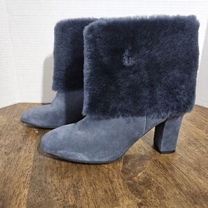Rockport Sz 6.5 Navy Leather Chunky Heeled Boots with Faux Fur Cuff
